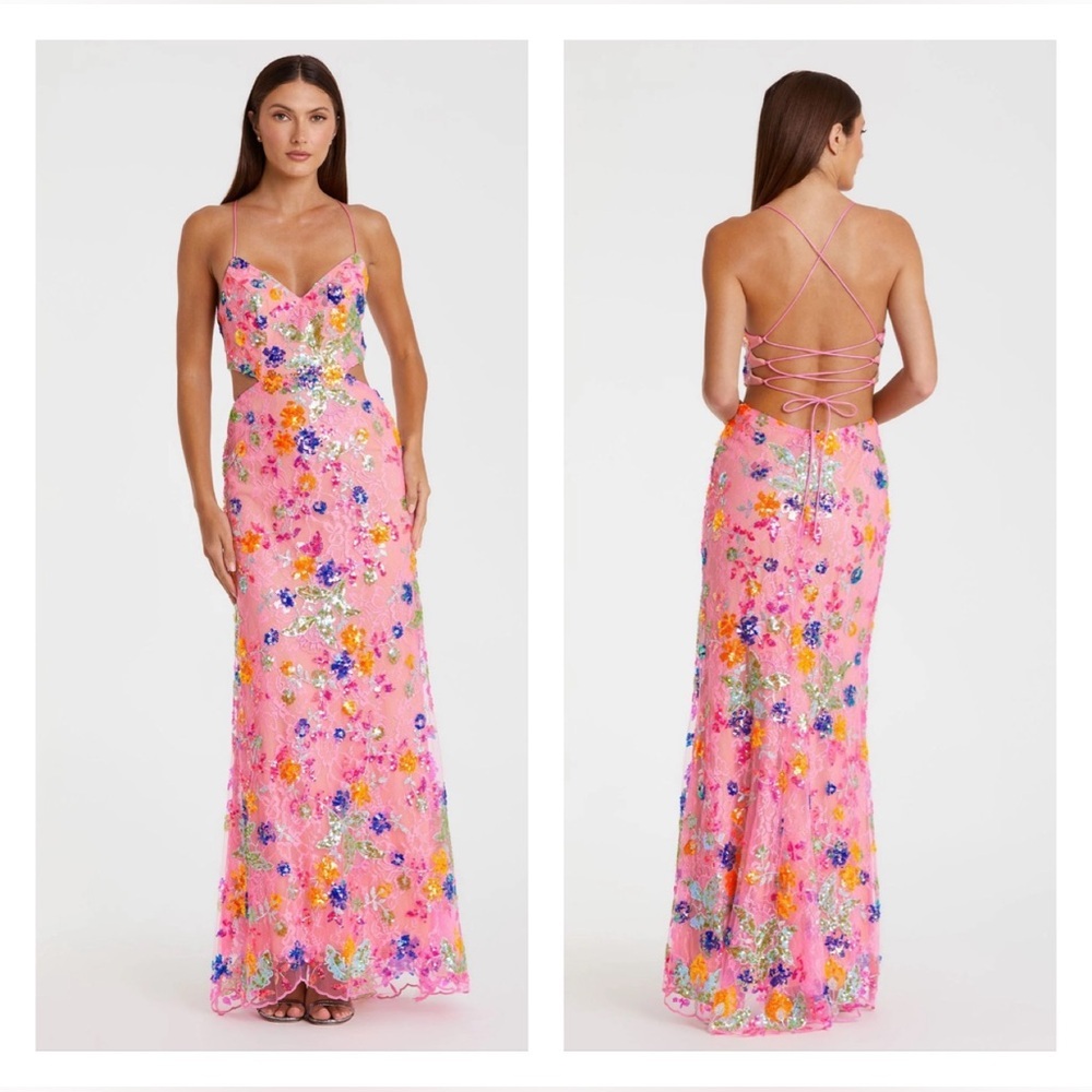 Mac Duggal Pink Floral Sequin Maxi Dress